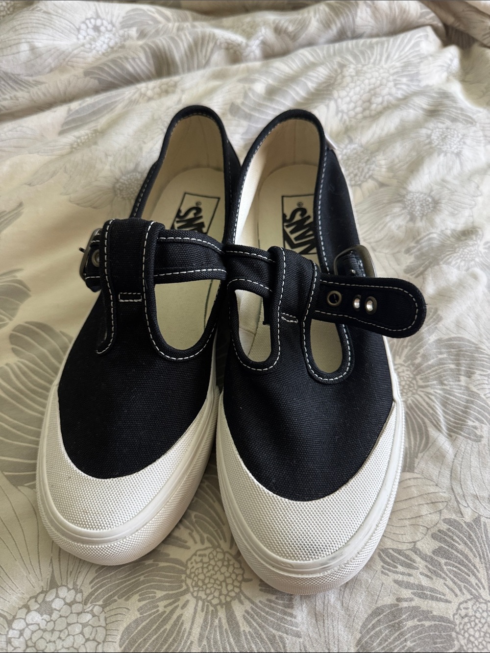 Vans womens Black Canvas Mary Jane Sneakers with White Soles